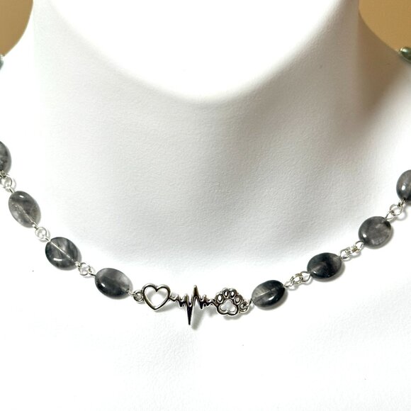 Genuine Grey Tourmalinated Quartz Short Necklace,Gemstone & Paw Print Heart Beat - Picture 2 of 14